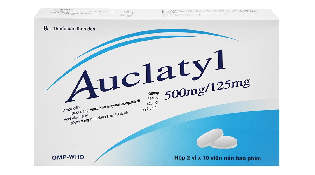Thuốc kháng sinh Auclatyl 500mg/125mg hộp 2 vỉ x 10 viên nén bao phim