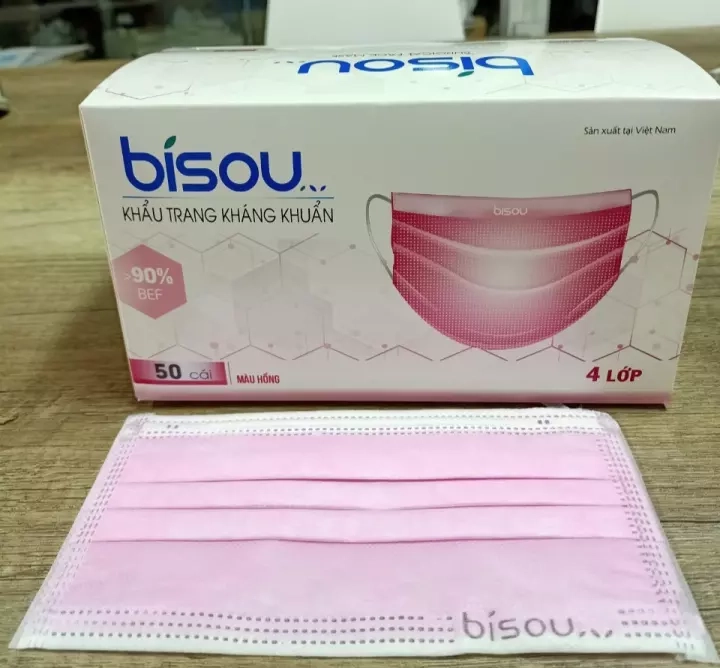 Khẩu trang y tế 4 lớp Bisou (hồng) hộp 50 cái