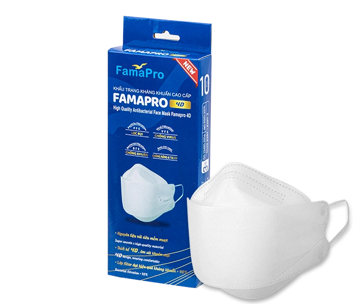 Khẩu trang kháng khuẩn cao cấp Famapro 4D (trắng) hộp 10 cái