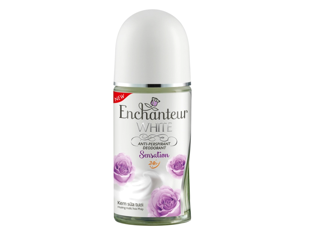 Lăn khử mùi kem sữa tươi hương nước hoa Pháp Enchanter White Ant- Perspirant Deodorant Sensation 24h (tím) chai 50ml