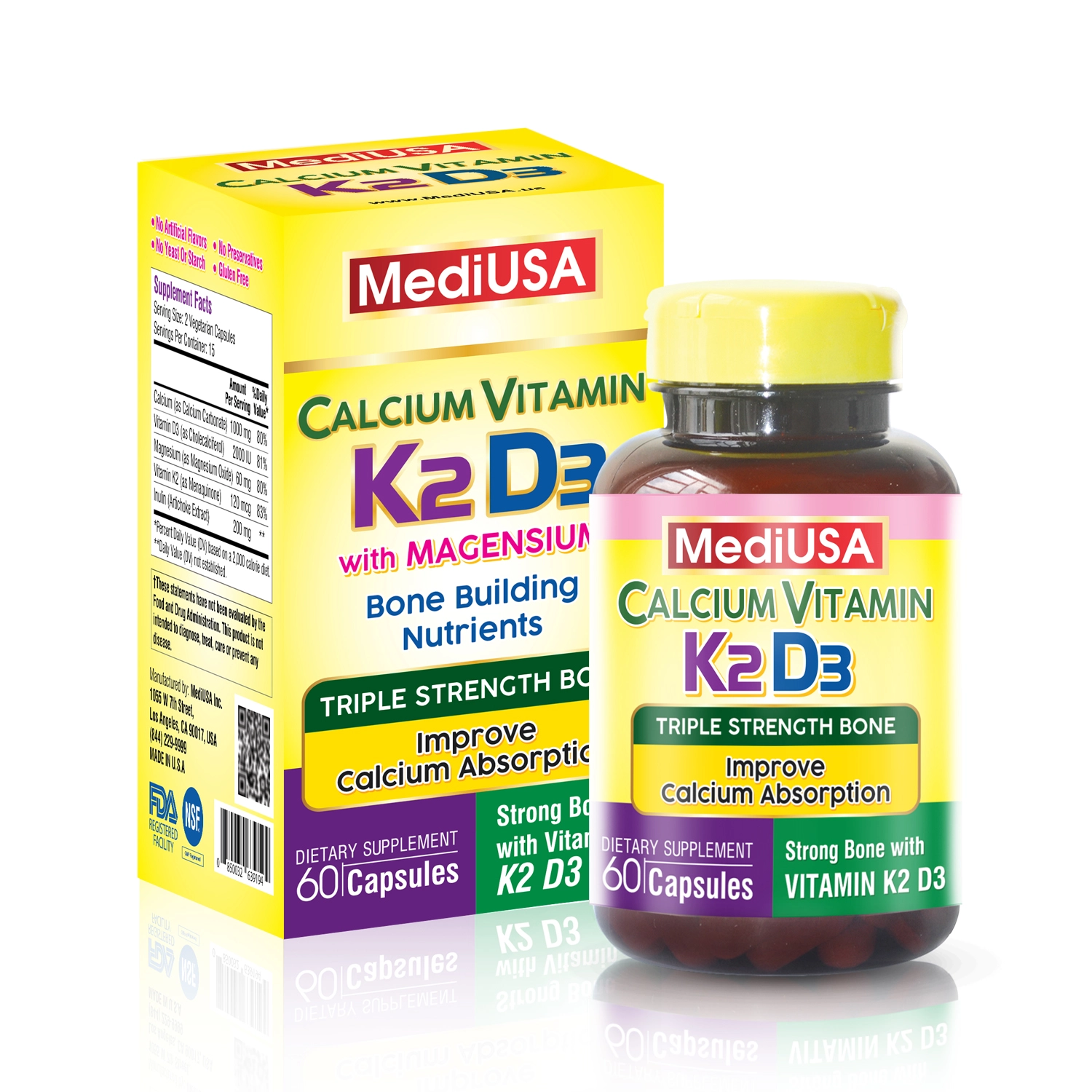 Viên uống bổ sung canxi, hỗ trợ xương và răng khỏe mạnh Calcium Vitamin K2 D3 MediUSA hộp 1 lọ 60 viên
