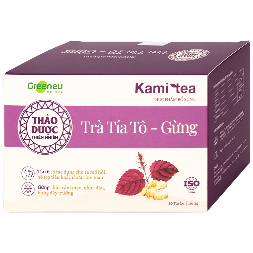 Hỗ trợ tiêu hoá, chữa cảm mạo, nhức đầu, bụng dầy trướng trà Tía Tô – Gừng Kami Tea hộp 20 túi