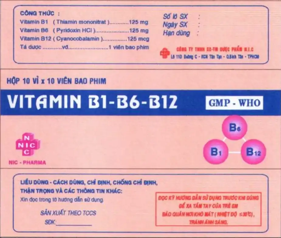 Vitamin B1 B6 B12 (Vitamin 3B NIC) hộp 10 vỉ x 10 viên