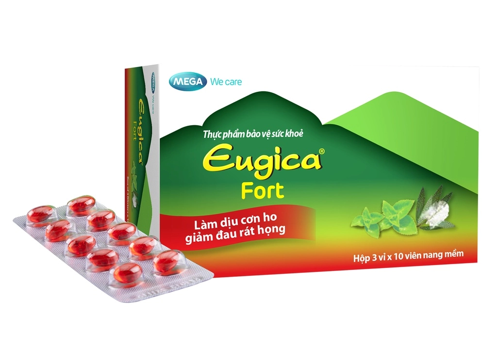 Viên uống thảo dược dịu họng, giảm ho Eugica Fort hộp 3 vỉ x 10 viên nang mềm 