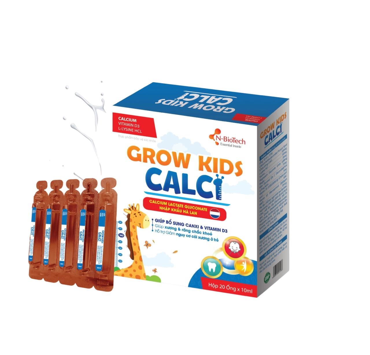 Bổ sung canxi và vitamin D3 cho cơ thể Grow Kids Calci N-BioTech hộp 20 ống x 10ml