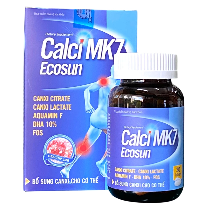 Hỗ trợ bổ sung và tăng hấp thu calci giúp xương chắc khoẻ Calci MK7 Ecosun hộp 1 lọ 30 viên