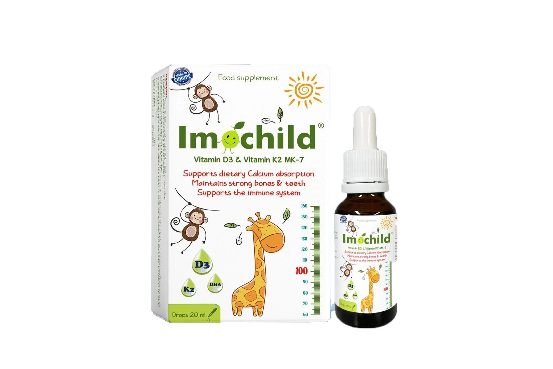 Hỗ trợ tăng cường hấp thu canxi Imochild Vitamin D3 K2 MK-7 hộp 1 chai 20ml