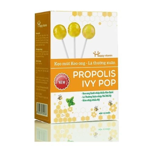 Hỗ trợ giảm ho, khàn tiếng kẹo Mút Keo Ong Lá Thường Xuân Happy Vitamin Propolis Ivy Pop Hộp 12 viên ngậm
