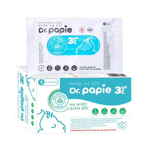 Khăn hạ sốt Dr.Papie 3mo+ (chứa tinh dầu bạc hà) hộp 5 túi x 5 khăn