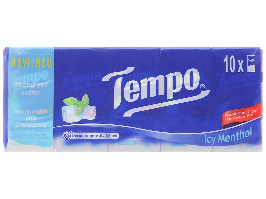 Khăn giấy bỏ túi Tempo Regular (hương bạc hà) 4 lớp lốc 10 gói x 10 tờ