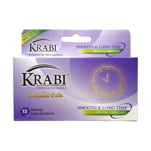 Bao cao su Krabi Smooth & Longtime trơn, kéo dài (tím) hộp 12 cái