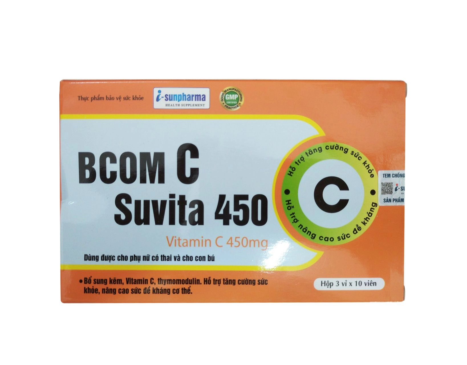 Viên uống bổ sung kẽm, vitamin C, thymomodulin BCOM C Suvita 450 hộp 3 vỉ x 10 viên