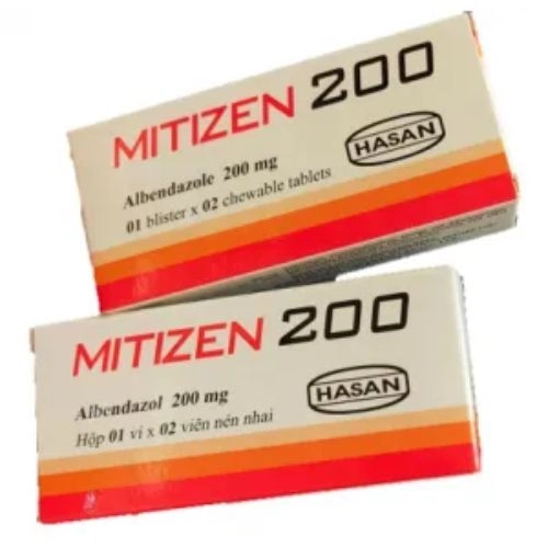 Thuốc tẩy giun, sán Mitizen 200 hộp 1 vỉ x 2 viên nén nhai