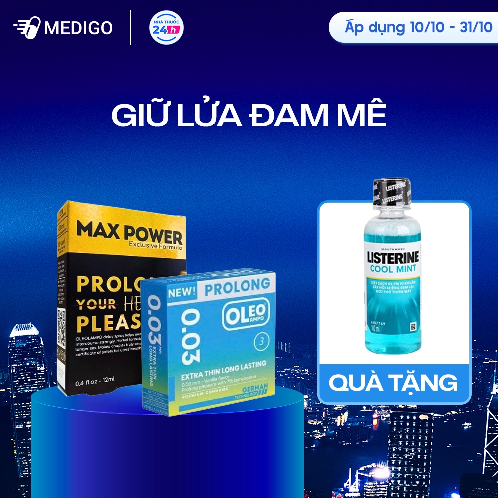 [MUA 2 TẶNG 1] Combo Chai xịt kéo dài Max Power Oleo Lampo hộp 1 chai 12ml + Bao cao su kéo dài thời gian Oleo Lampo Prolong 003 Extra Thin Long Lasting hộp 3 cái