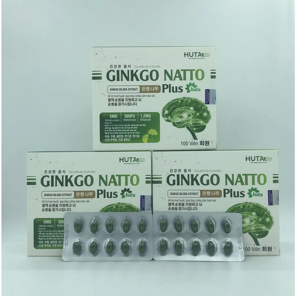 Hỗ trợ hoạt huyết, tăng cường tuần hoàn não Ginkgo Natto Plus Huta hộp 10 vỉ x 10 viên nang mềm