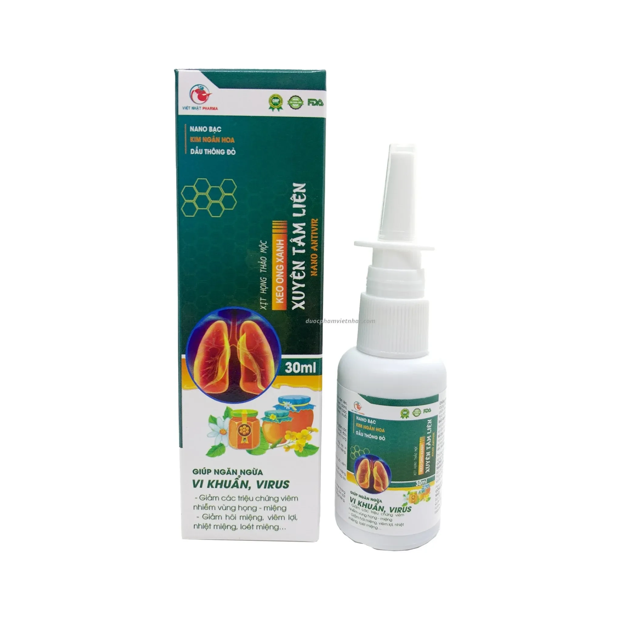 Xịt họng thảo mộc keo ong xanh Xuyên Tâm Liên Nano Antivir (DP Việt Nhật) hộp 1 lọ 30ml