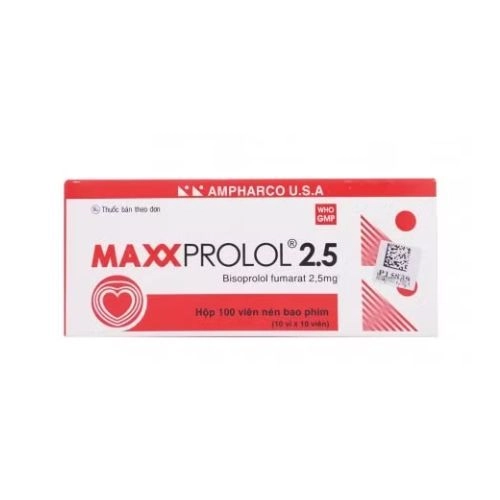 Thuốc trị tăng huyết áp Maxxprolol 2.5 Ampharco hộp 10 vỉ x 10 viên