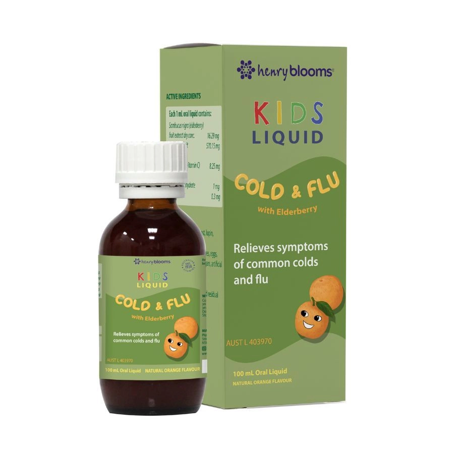 Hỗ trợ giảm ho, làm dịu cổ họng do cảm lạnh KIDS LIQUID COLD & FLU Henry Blooms hộp 1 chai 100 ml