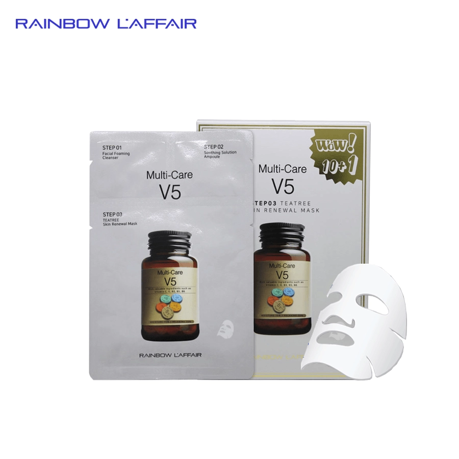 Mặt nạ trị mụn - kiềm dầu - dưỡng ẩm - nâng cơ mặt 3 bước Rainbow L'affair Multi - care V5 Teatree hộp 11 combo