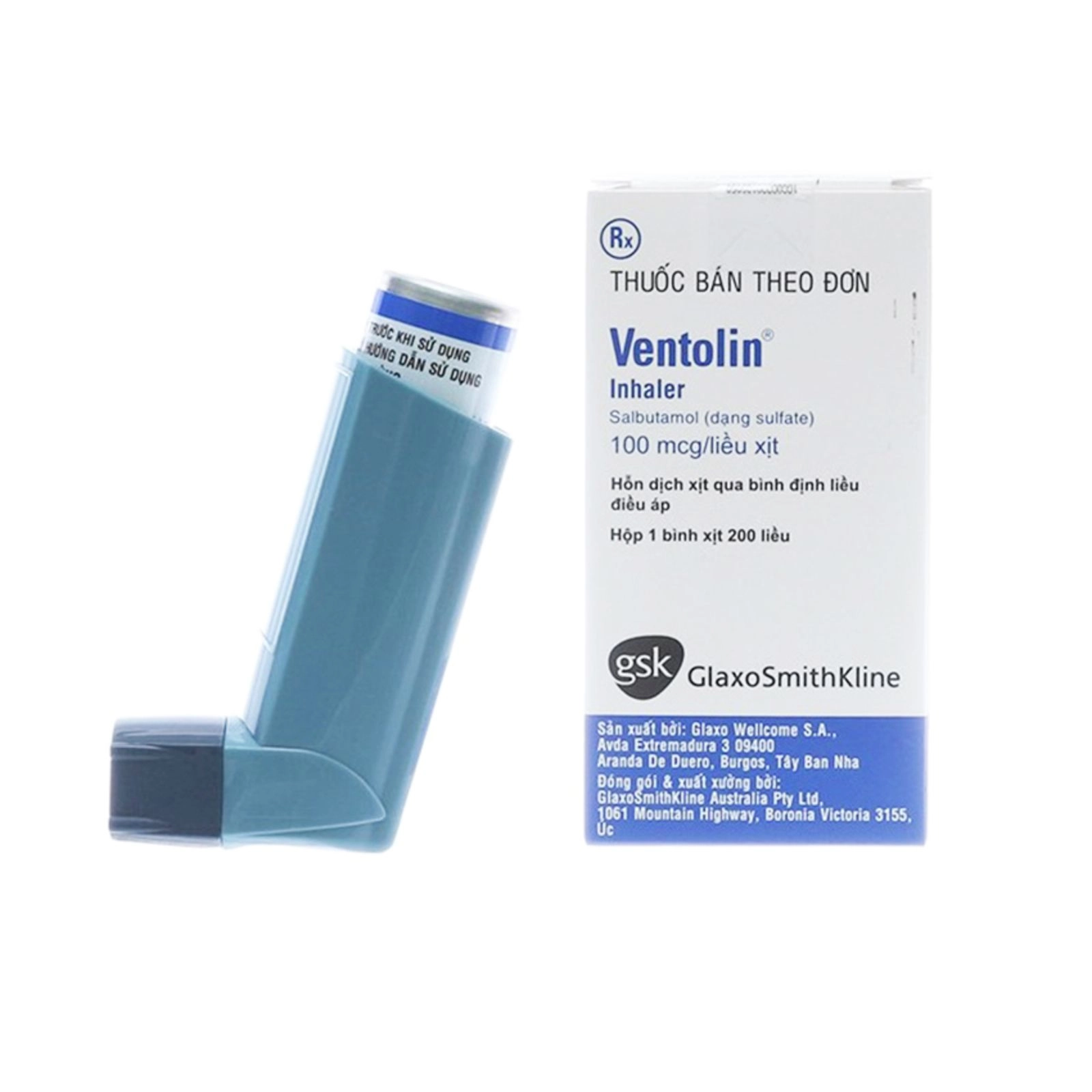 Hỗn dịch xịt qua bình định liều điều áp Ventolin Inhaler 100mcg/liều xịt hộp 1 bình xịt 200 liều