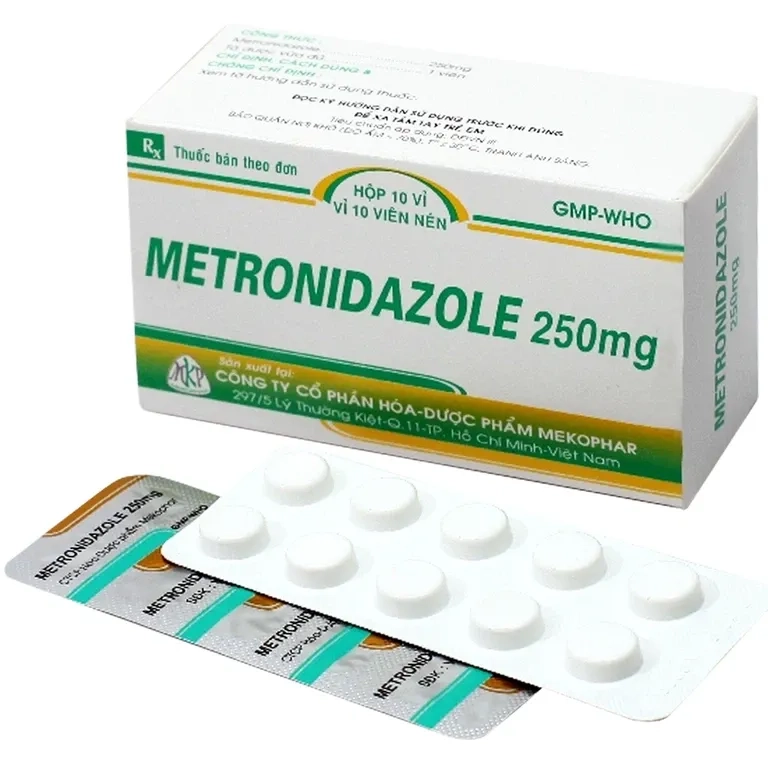 Điều trị viêm nhiễm đường niệu sinh dục, bệnh do amip viên nén Metronidazole 250mg Mekophar hộp 10 vỉ x 10 viên
