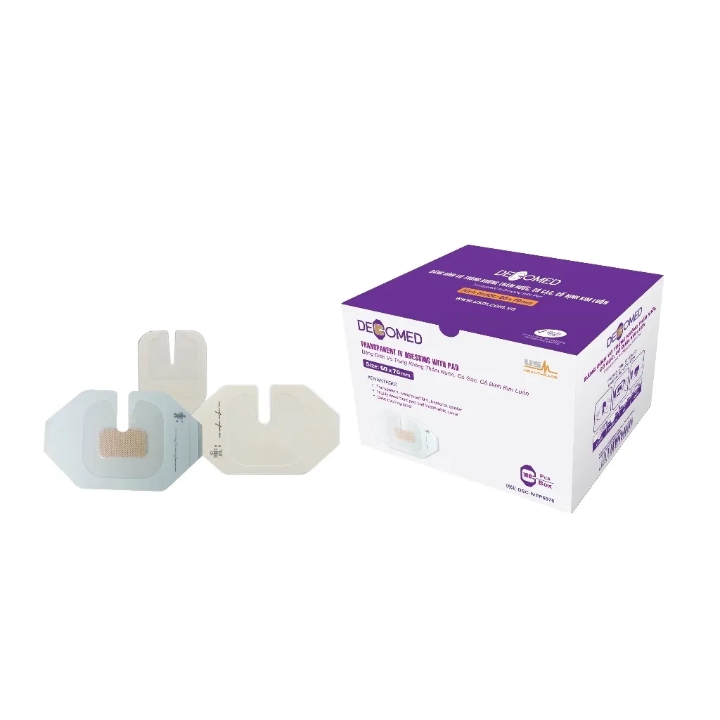 Băng dính vô trùng vải không dệt có gạc cố định kim luồn Decomed size 60x80mm hộp 50 miếng