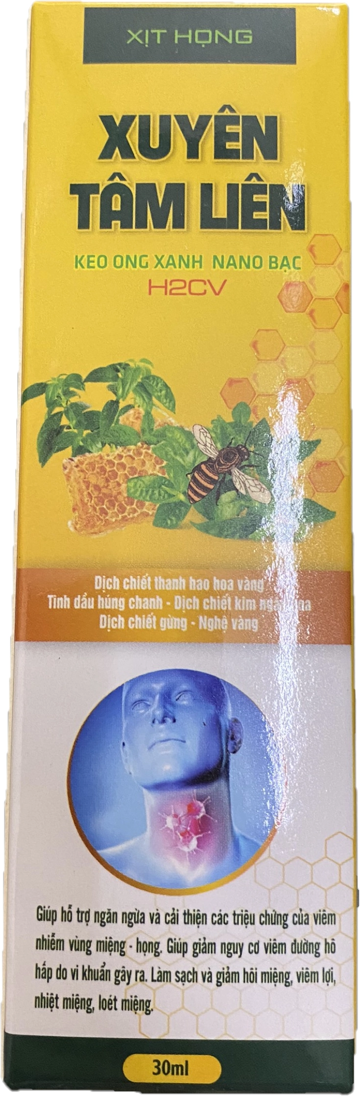 Xịt họng Xuyên Tâm Liên Keo Ong Xanh Nano Bạc H2CV hộp 1 chai 30ml