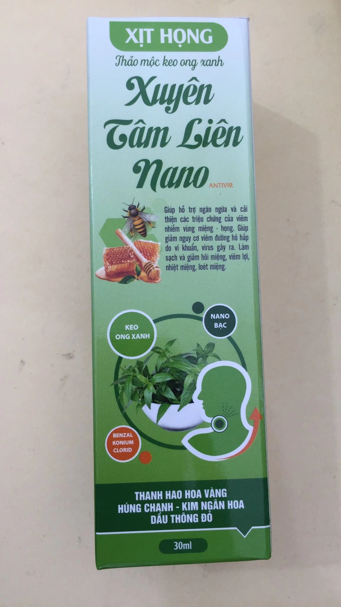 Xịt họng thảo mộc keo ong xanh Xuyên Tâm Liên Nano Antivir (hộp xanh lá) hộp 1 lọ 30ml