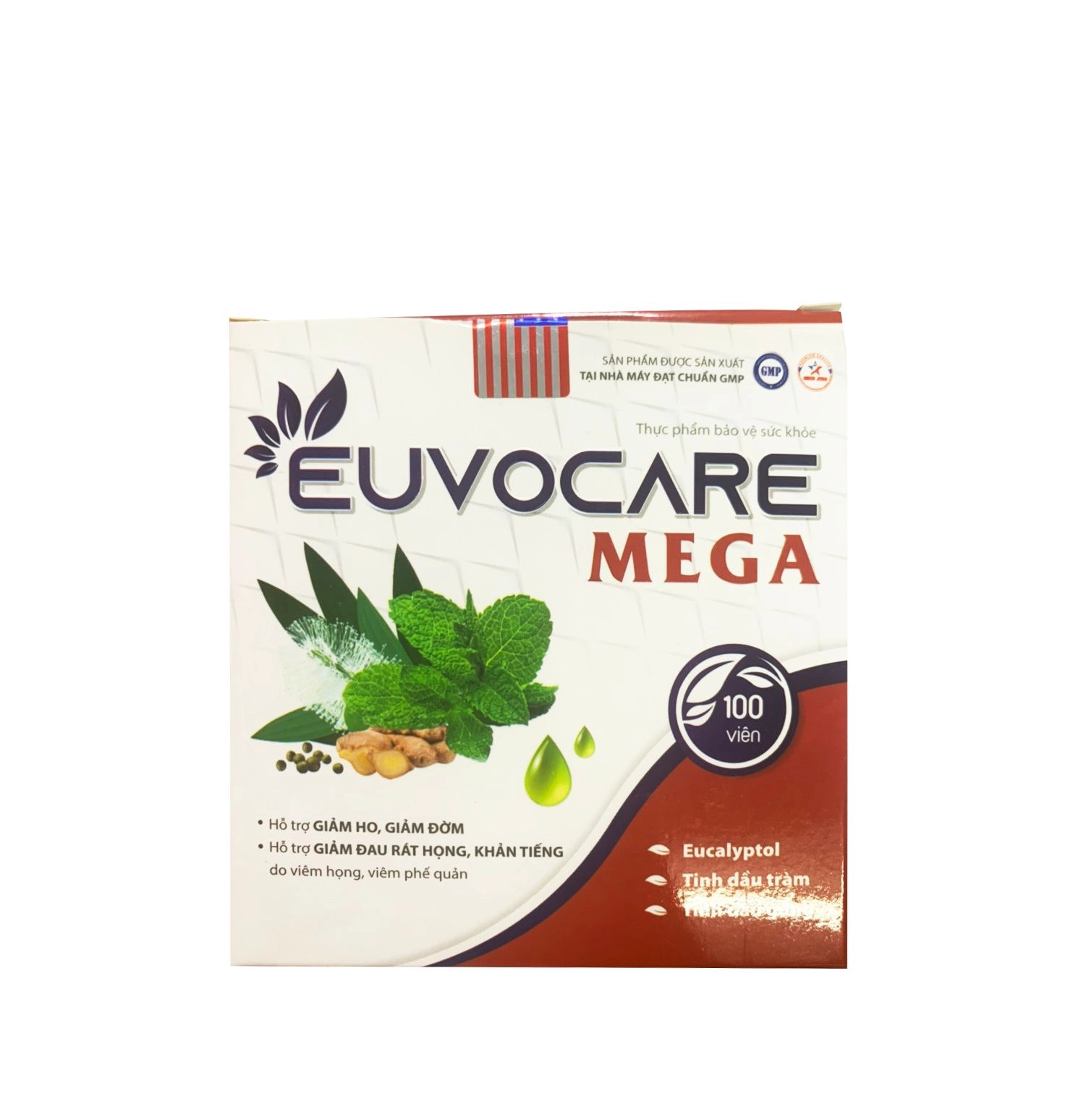 Hỗ trợ giảm ho, giảm đờm, đau rát họng EUVOCARE MEGA hộp 10 vỉ x 10 viên