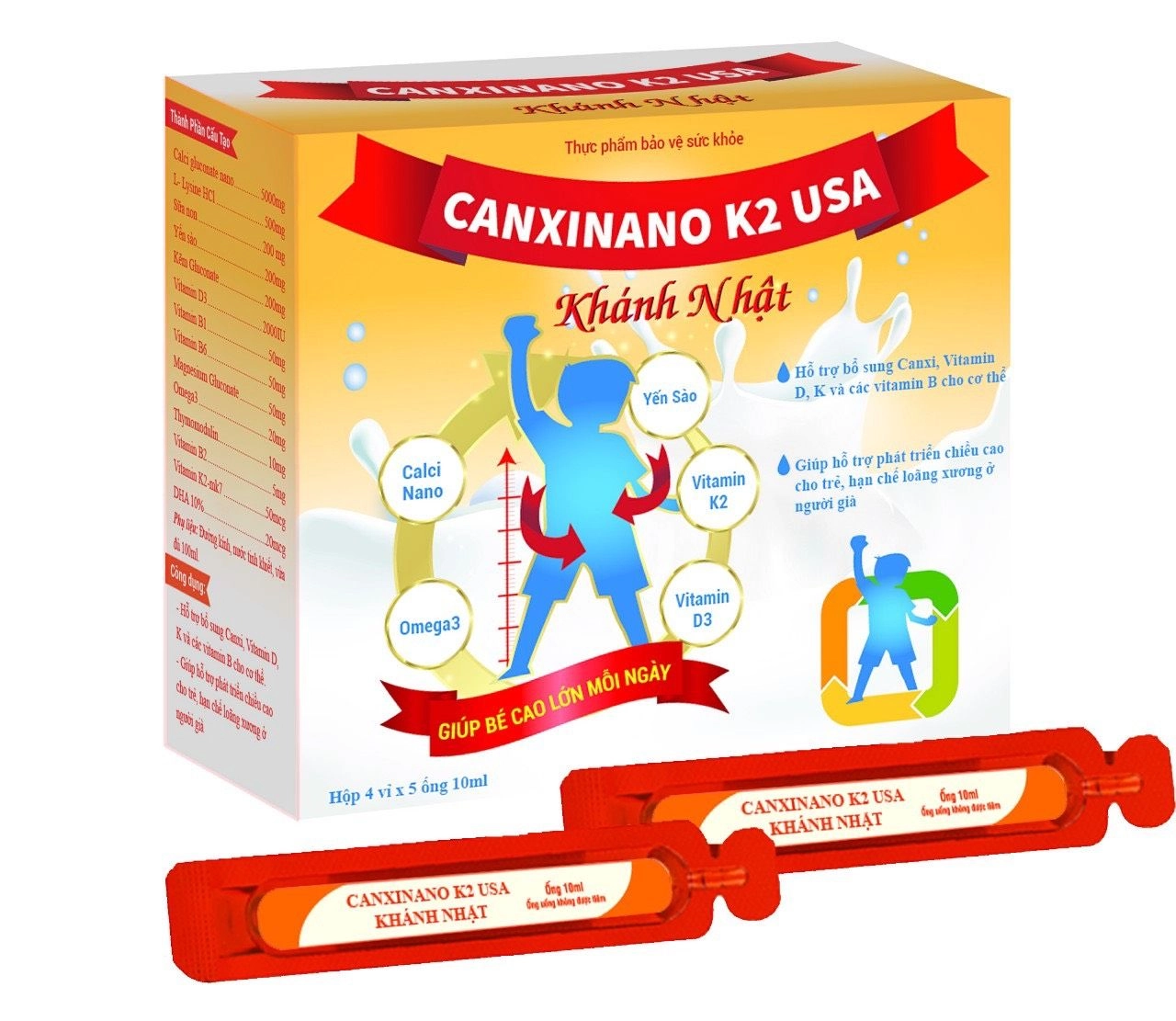 Hỗ trợ tăng chiều cao CANXINANO K2 USA Khánh Nhật hộp 4 vỉ x 5 ống 10ml