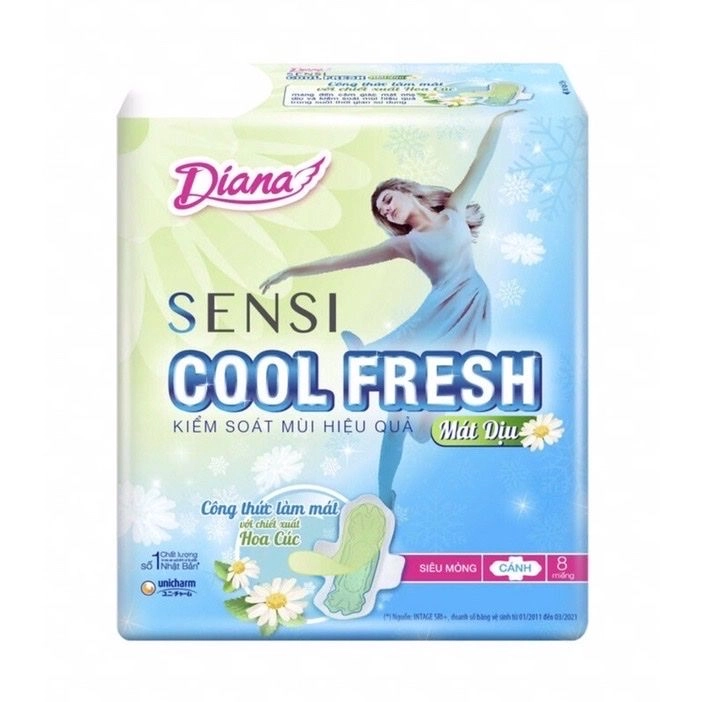 Băng vệ sinh Diana Sensi Cool Fresh Mát Dịu Hoa Cúc (siêu mỏng, cánh) gói 8 miếng