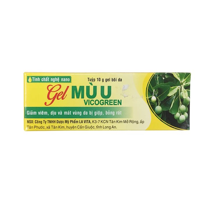 Giảm viêm, dịu và mát vùng da bị giộp, bỏng rát Gel Mù U Vicogreen hộp 1 tuýp 10g gel bôi da