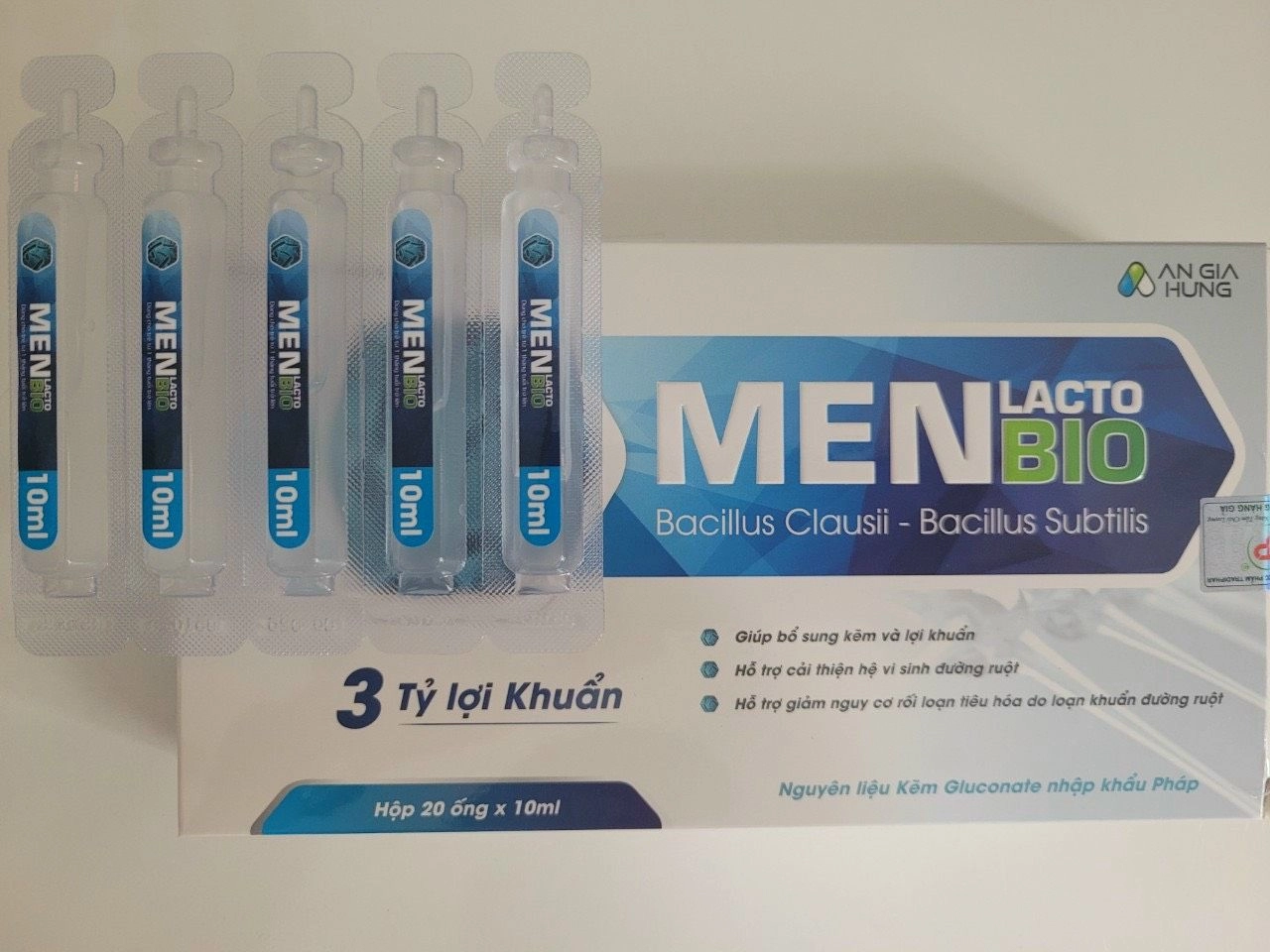 Bố sung kẽm và lợi khuẩn, giúp cải thiện hệ vi sinh đường ruột MEN LACTO BIO (An Gia Hưng) hộp 4 vỉ x 5 ống x 10ml