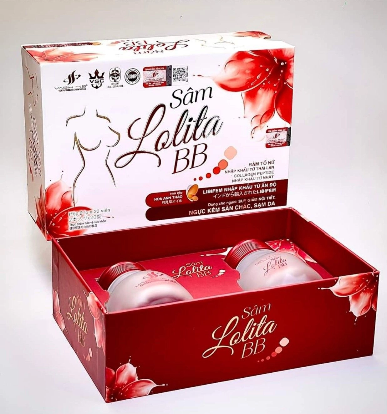 Hỗ trợ tăng cường nội tiết tố nữ, cải thiện các biểu hiện lão hóa da Sâm Lolita BB hộp 2 lọ x 20 viên