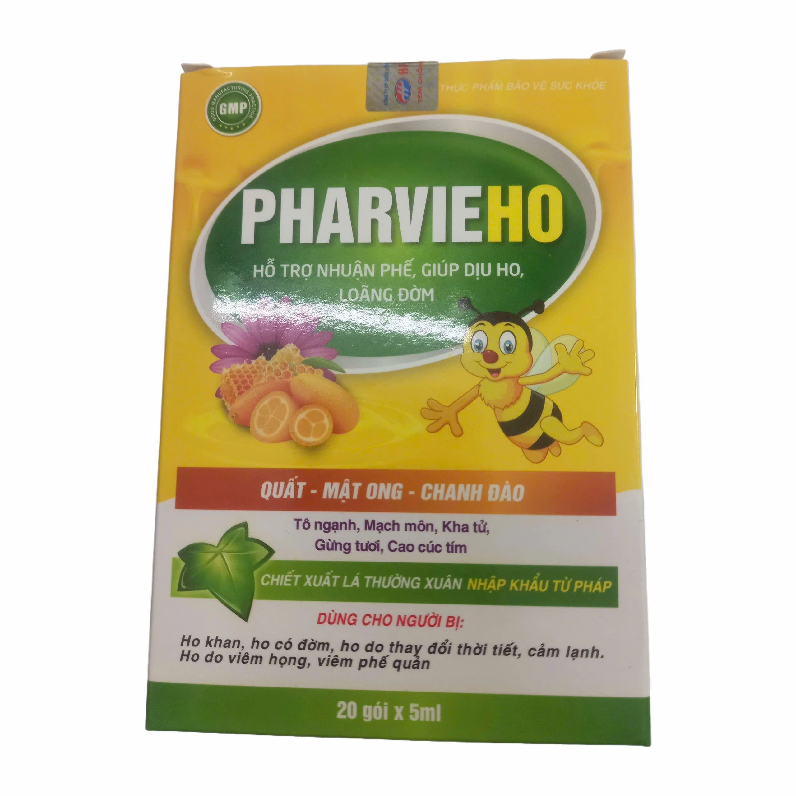 Hỗ trợ nhuận phế PHARVIE HO Quất - Mật ong - Chanh đào hộp 20 gói x 5ml